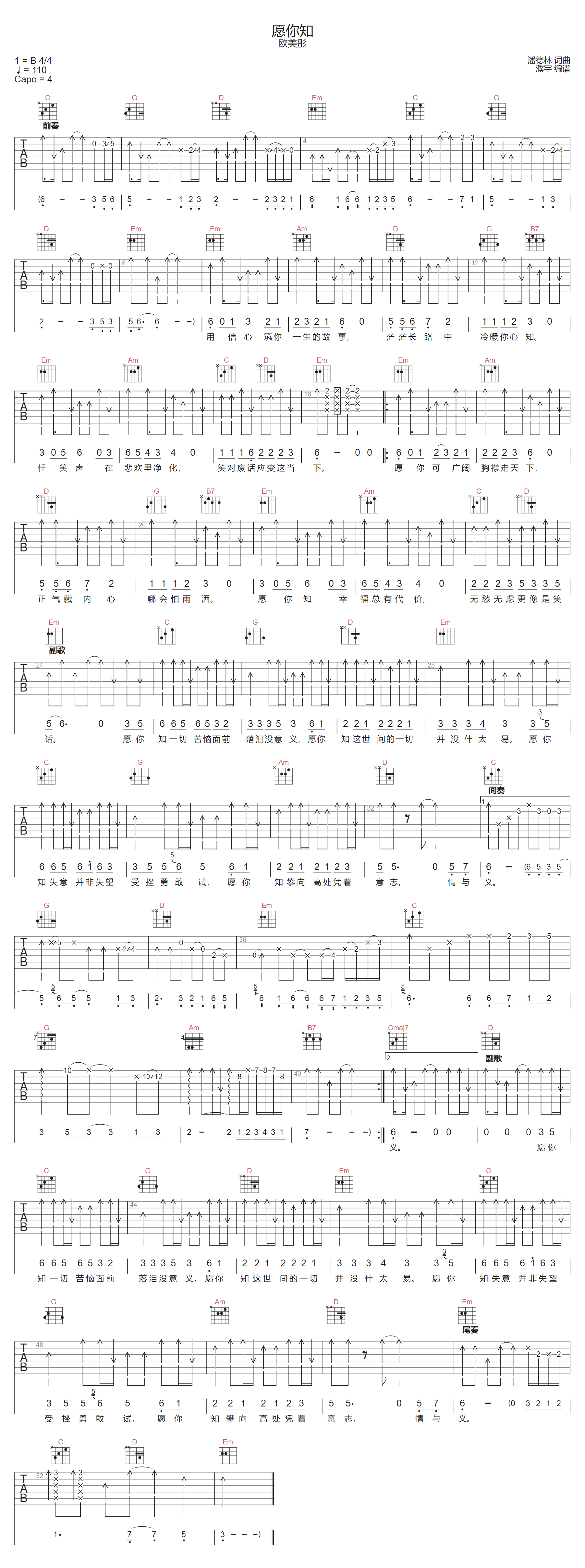 愿你知吉他谱-欧美彤