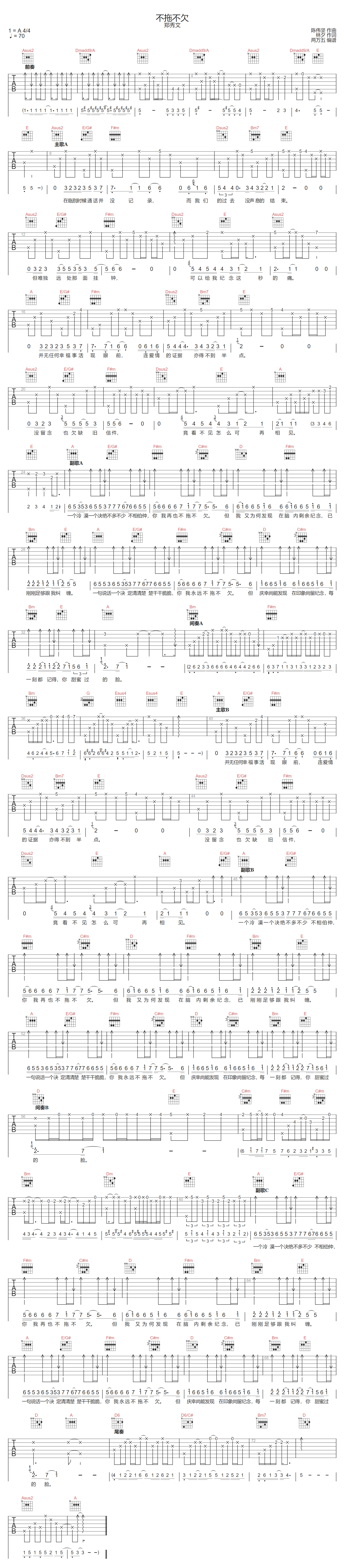 不拖不欠吉他谱-郑秀文