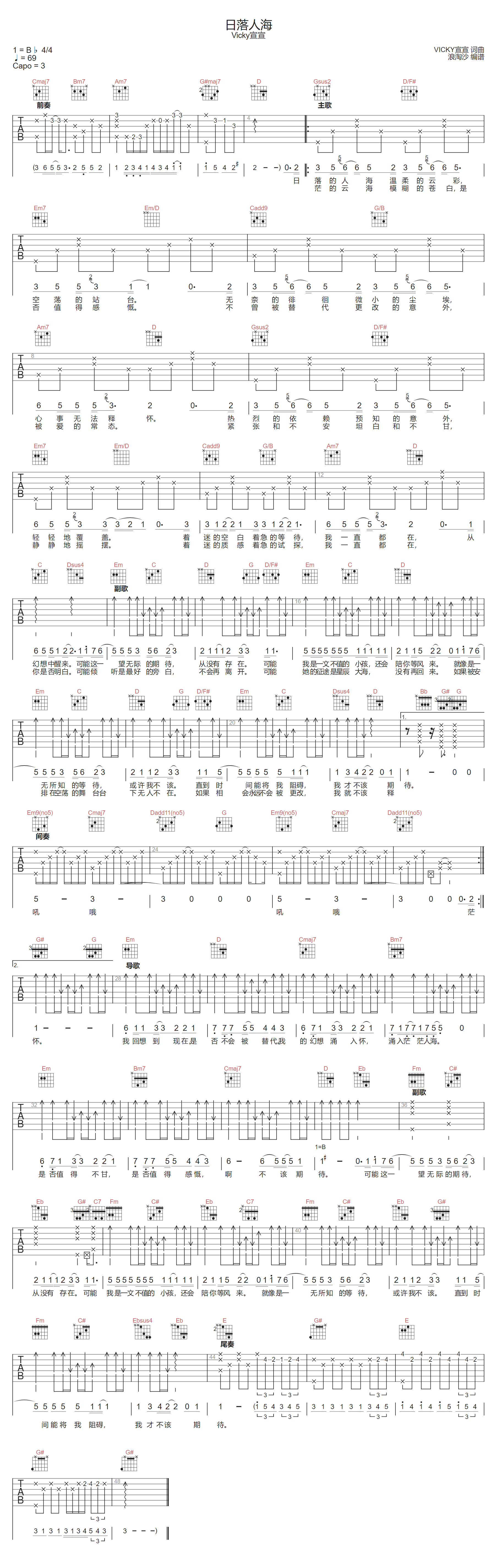 日落人海吉他谱-Vicky宣宣