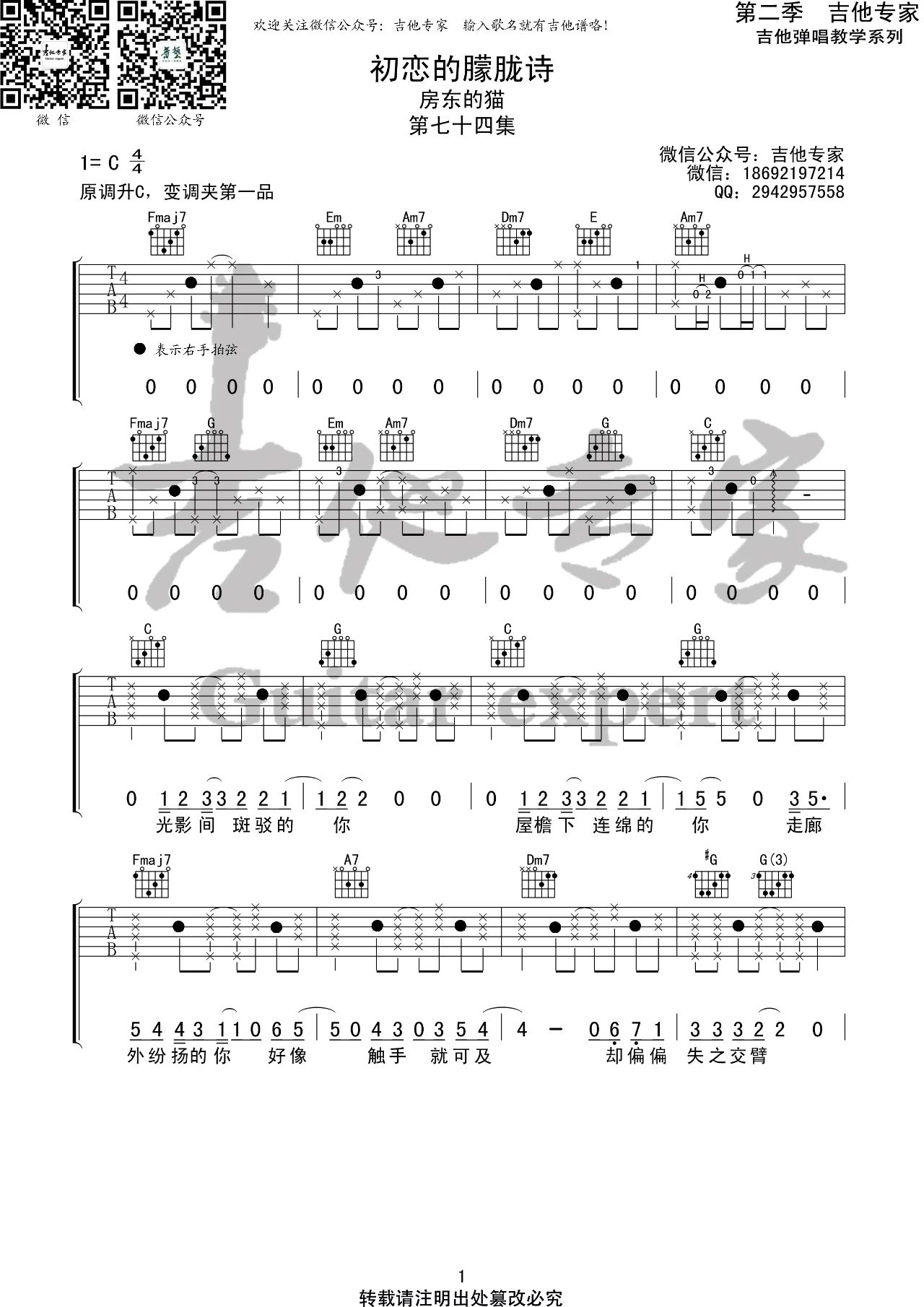 初恋的朦胧诗吉他谱1-房东的猫