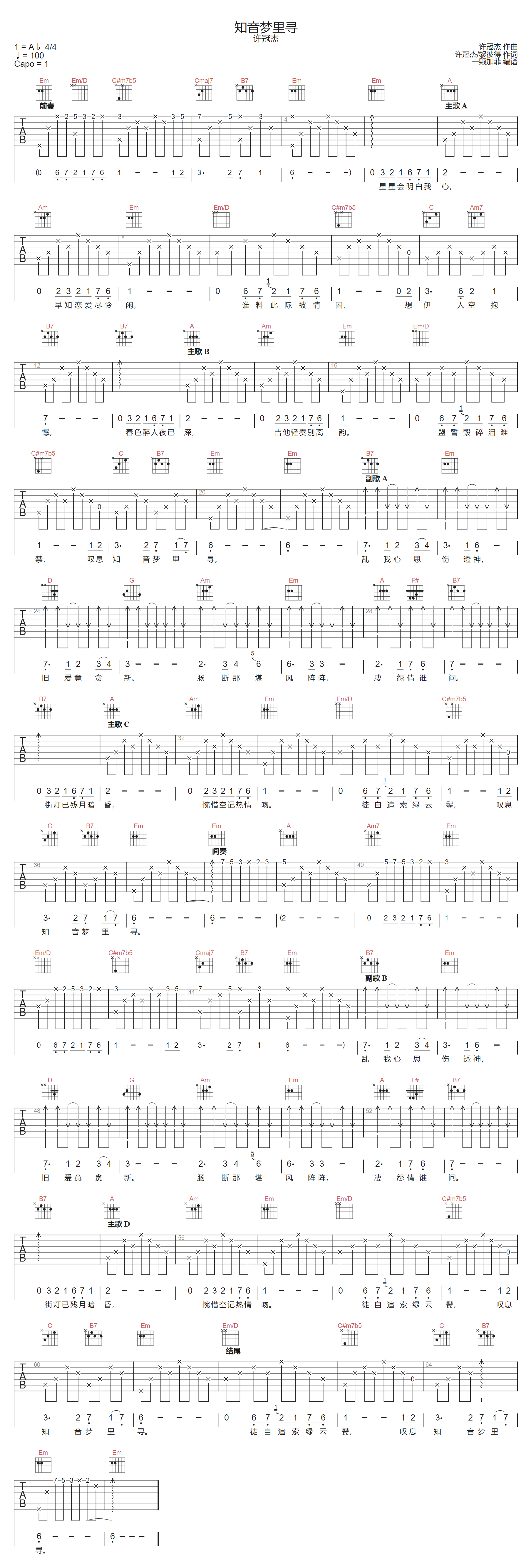 知音梦里寻吉他谱-许冠杰