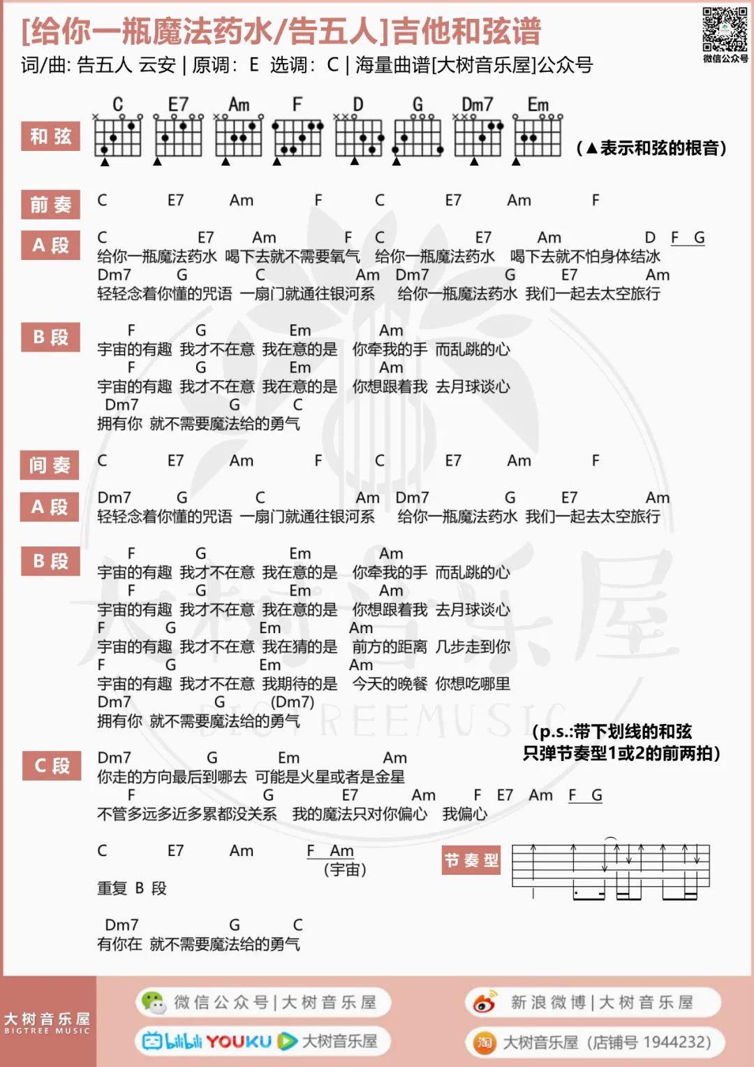 给你一瓶魔法药水吉他谱4-告五人