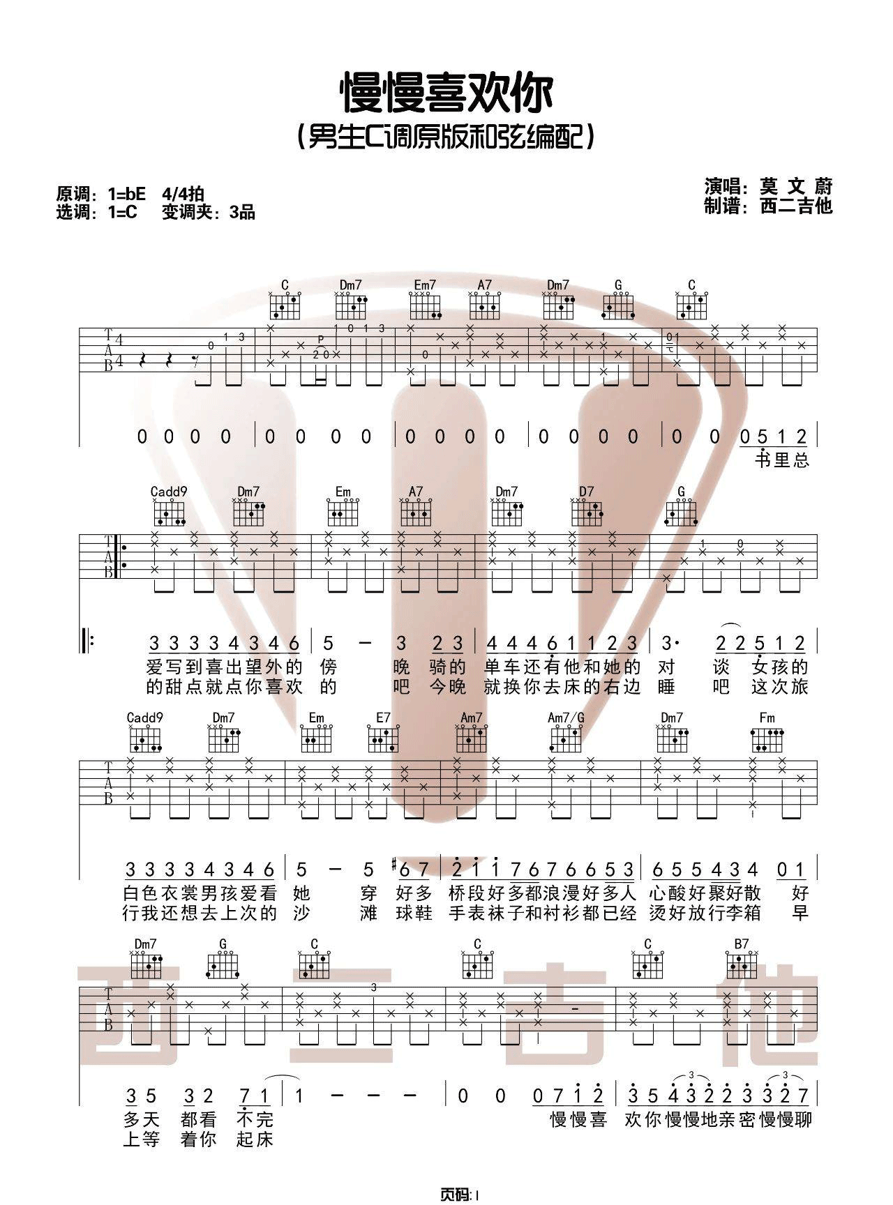 慢慢喜欢你吉他谱1-莫文蔚