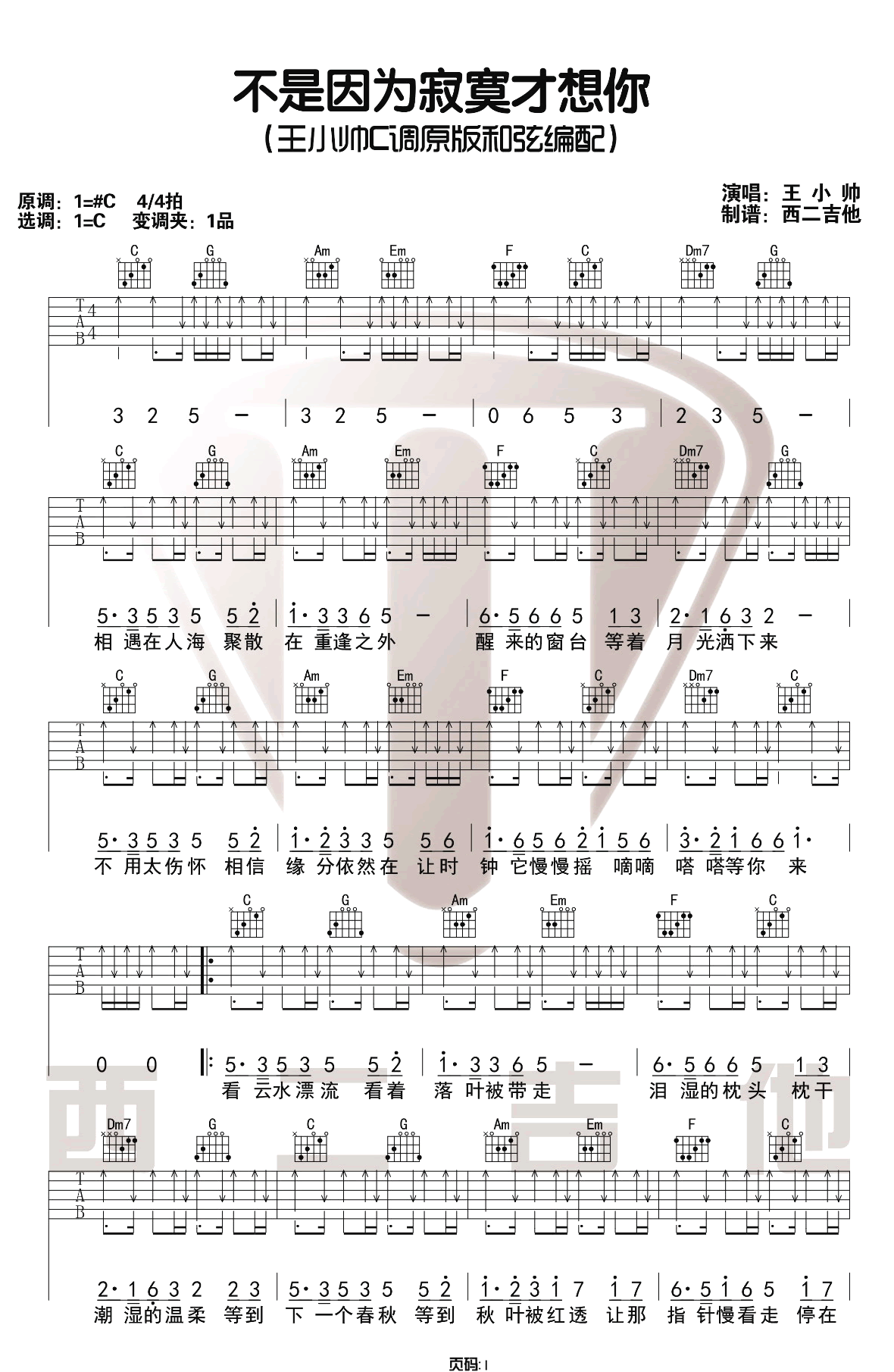 不是因为寂寞才想你吉他谱1-王小帅