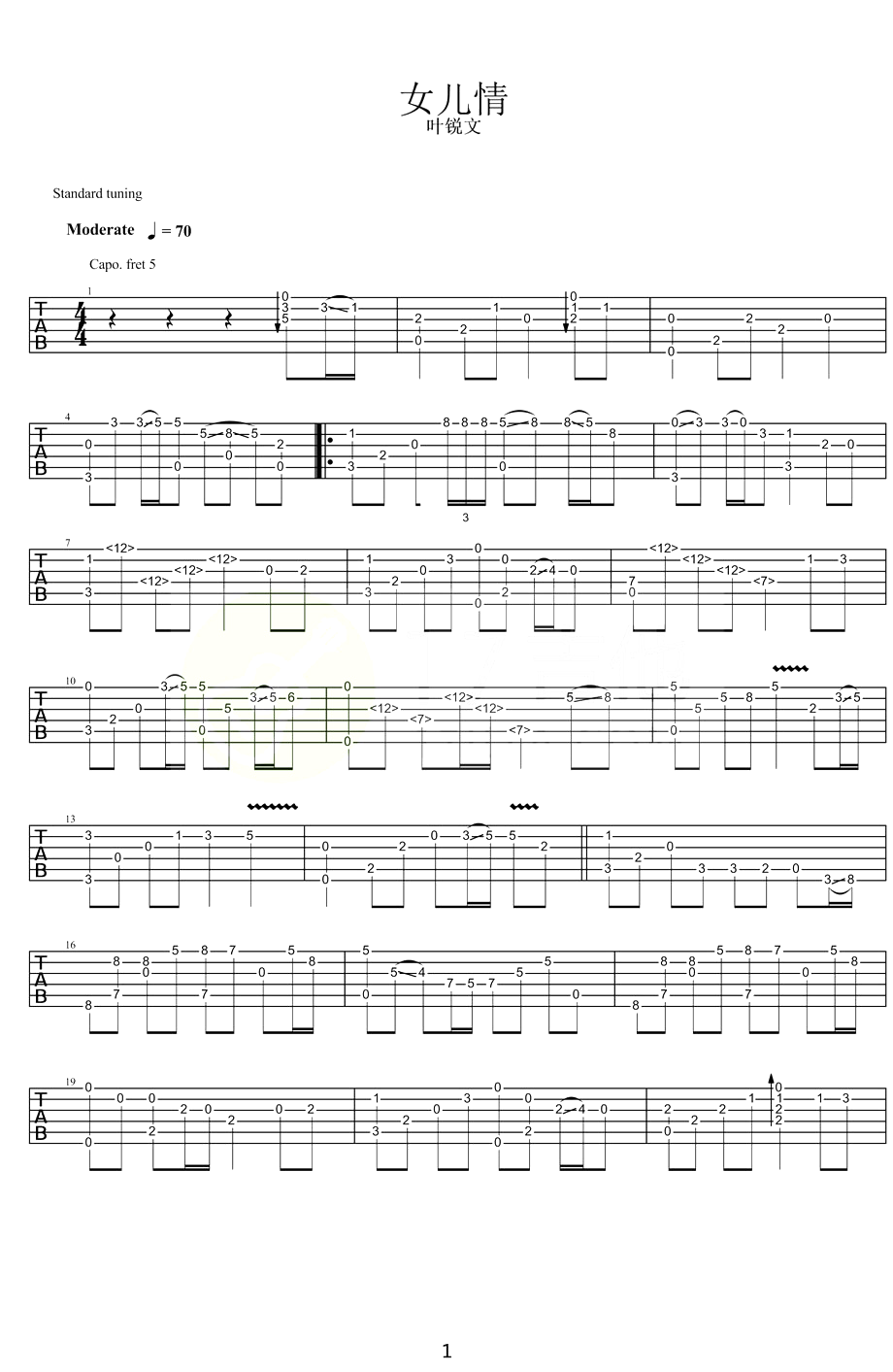 女儿情指弹吉他谱1-叶锐文