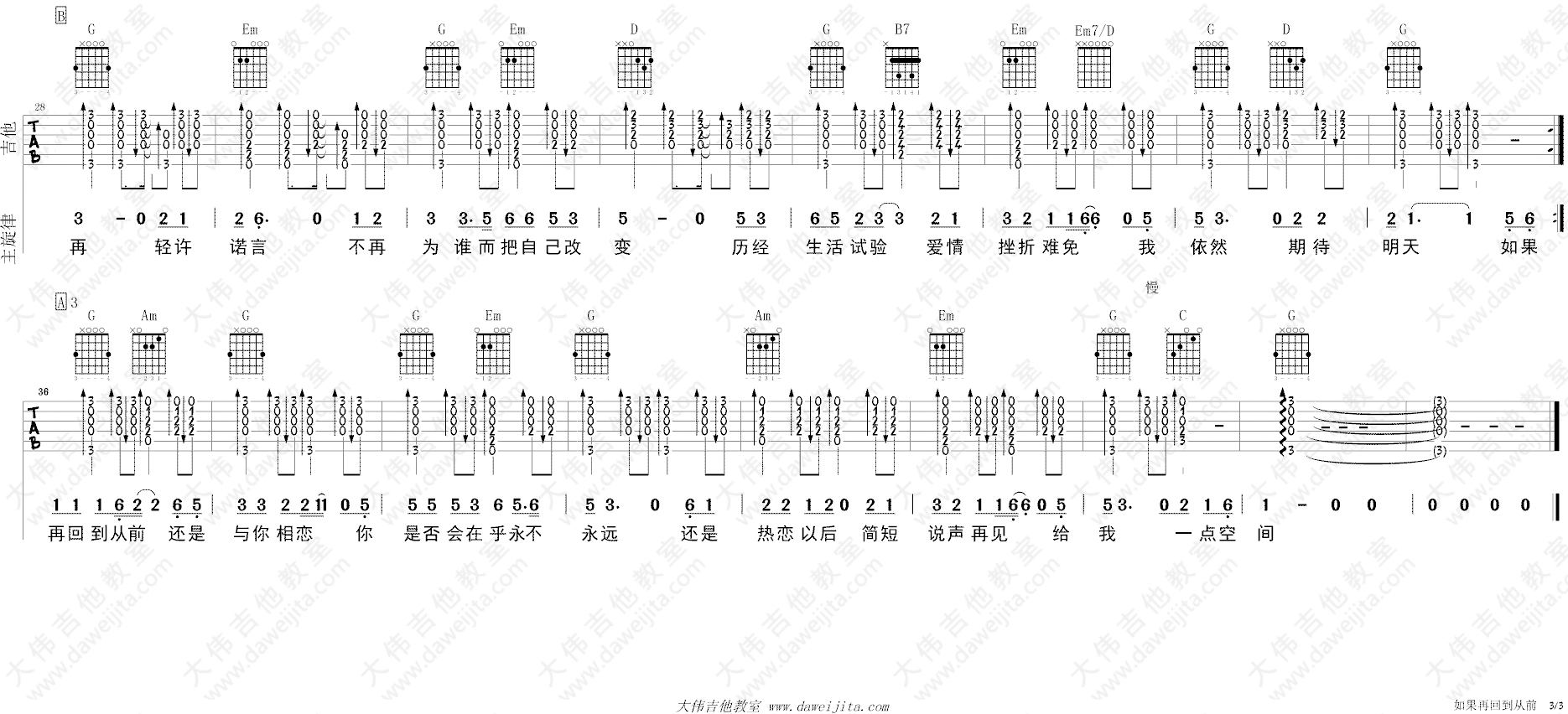 如果再回到从前吉他谱3-张镐哲
