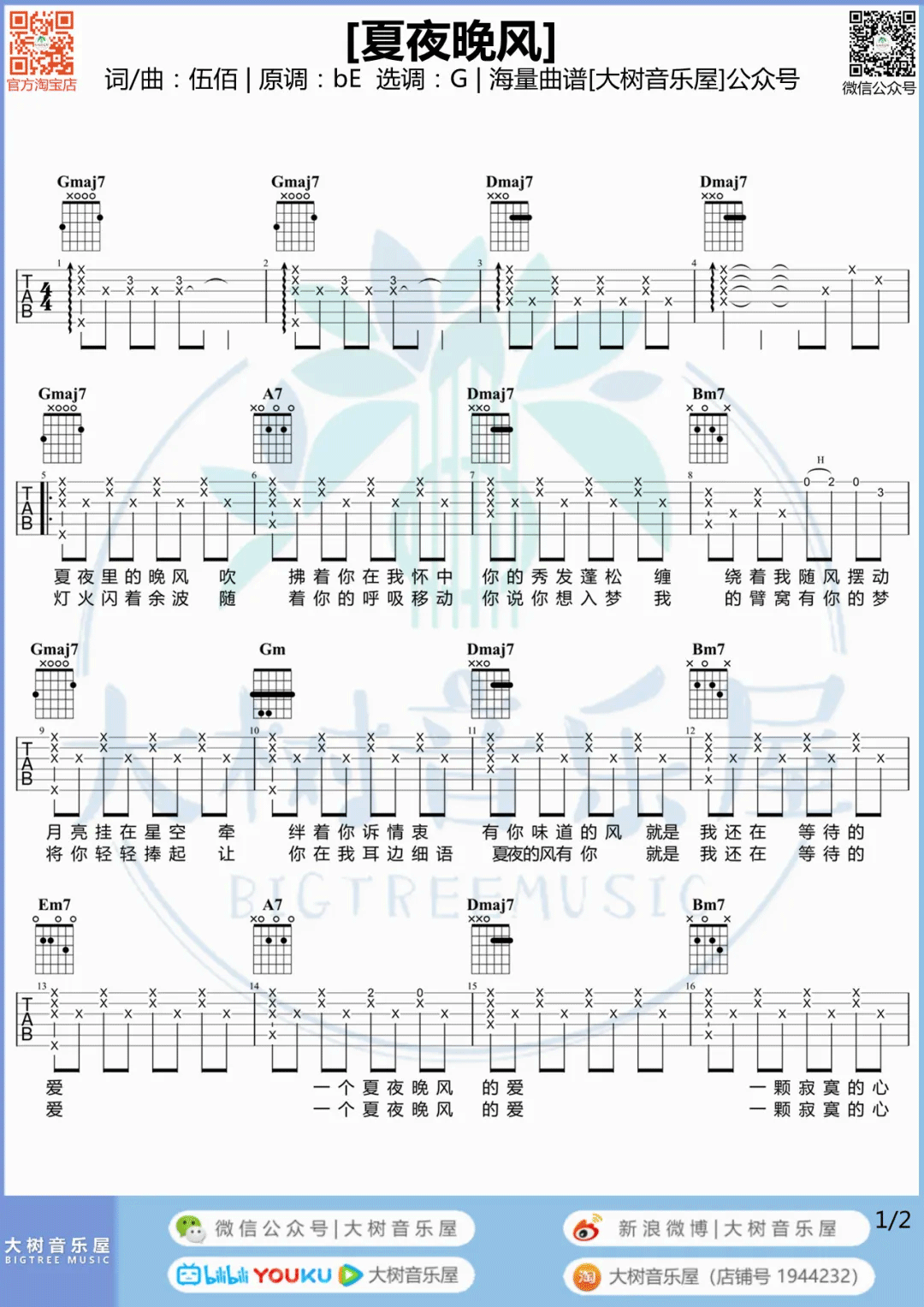 夏夜晚风吉他谱1-伍佰