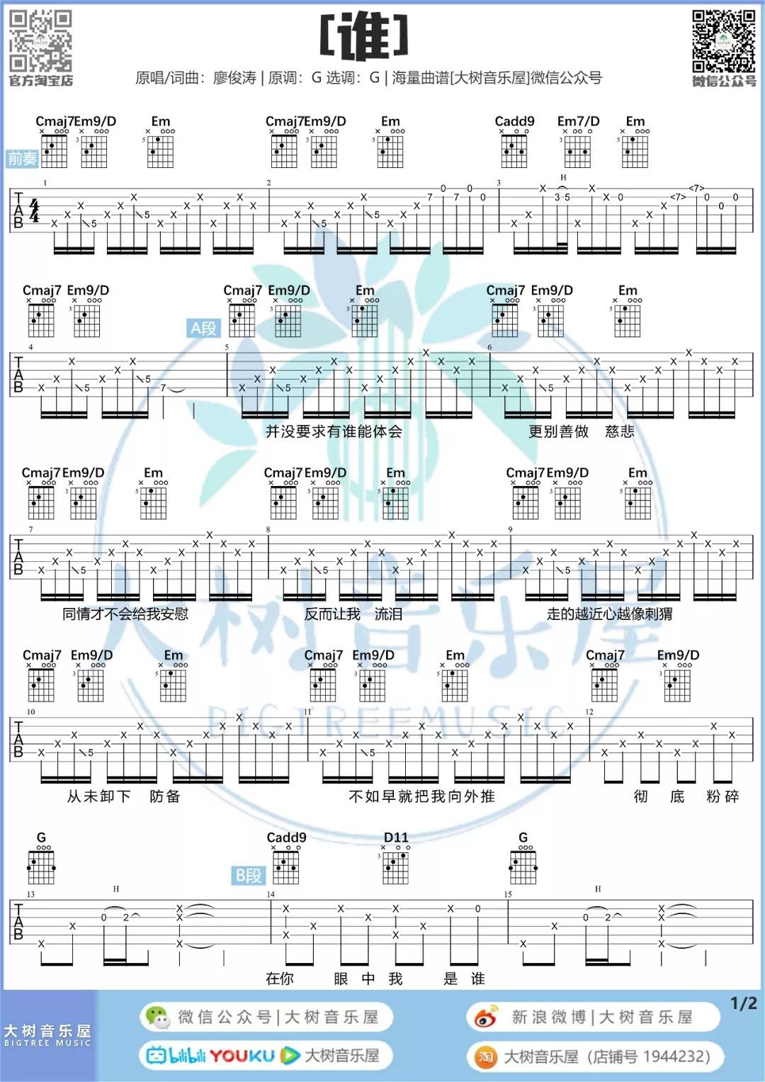 谁吉他谱1-廖俊涛